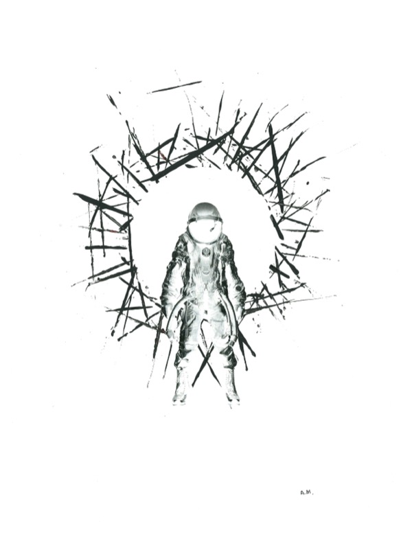 astronaught with cirlce of thin black lines behind